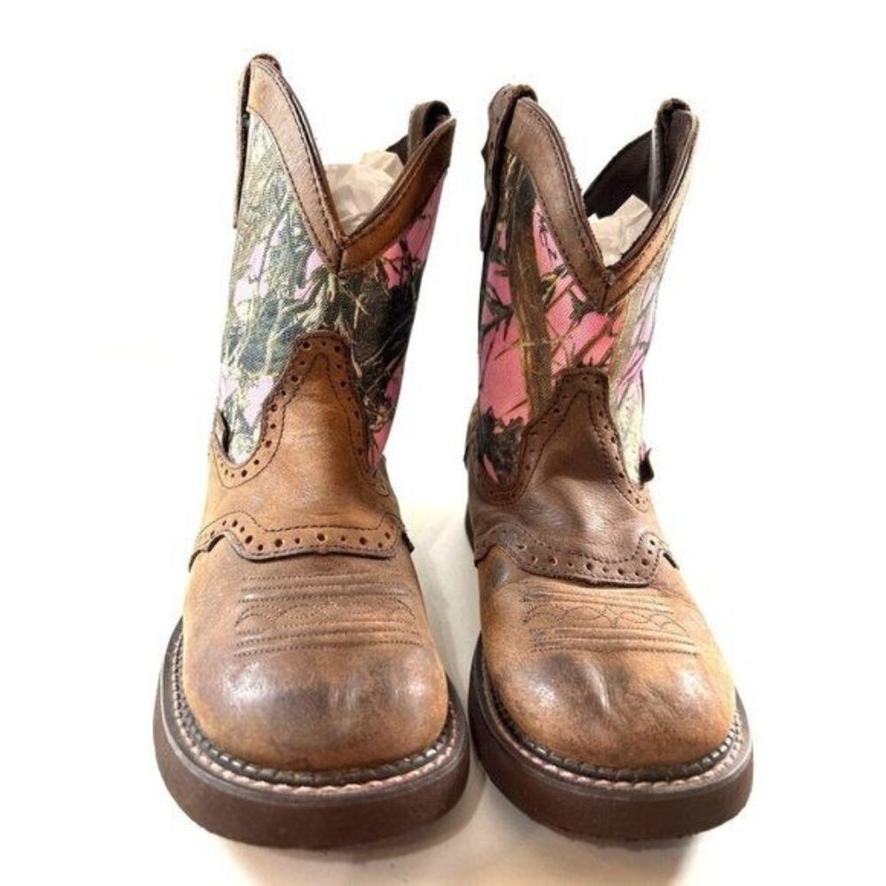 Justin Boots Womens Size 7B Brown Pink/Green Camo Cowgirl Short Boots L9610